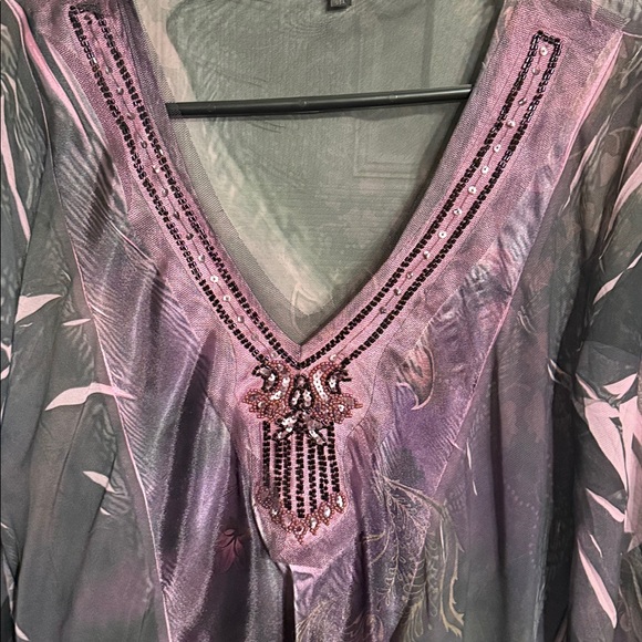 B.L.E.U. Purple and Black Beaded V-Neck Chiffon Blouse - Picture 4 of 5